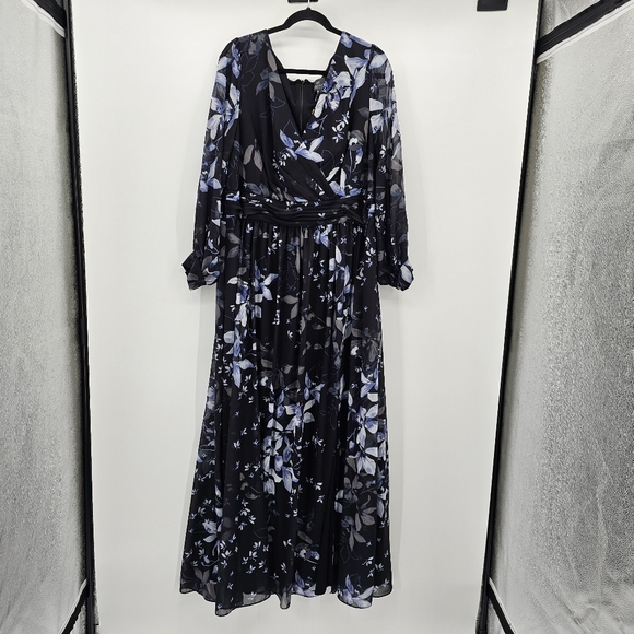 Adrianna Papell Blk/Blue Floral Printed Chiffon Formal Event Gown Womens 20W - Picture 2 of 9